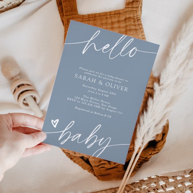 Elegant Modern Script Dusty Blue Baby Shower Invitation (Creator Uploaded)