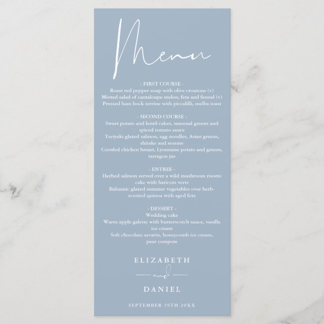 Elegant Modern Script Dusty Blue Wedding Dinner Menu (Front)