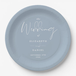 Elegant Modern Script Dusty Blue Wedding Paper Plate