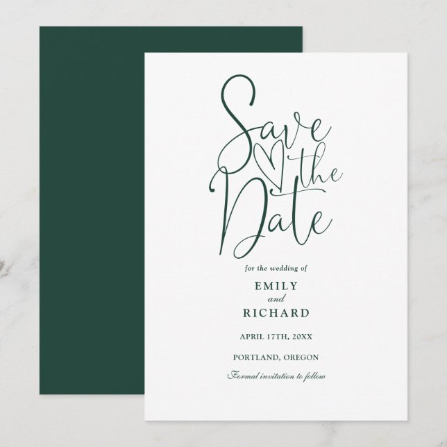 Elegant Modern Script Emerald Green Wedding Save The Date (Front/Back)