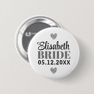 Elegant Modern Script Glitter Hearts Grey Bridal 2 Inch Round Button