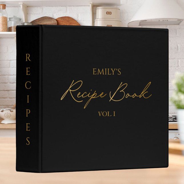 Elegant Modern Script Gold Black Simple Recipe Binder (In situ)