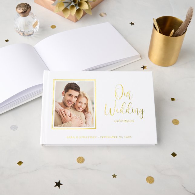 Elegant Modern Script Gold Foil Photo Wedding Guest Book (Front Open)