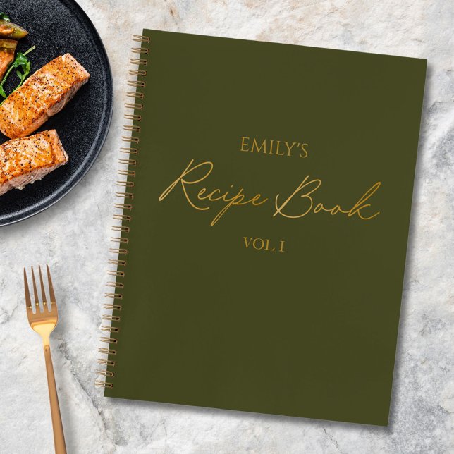 Elegant Modern Script Gold Green Simple Recipe Notebook (In situ)