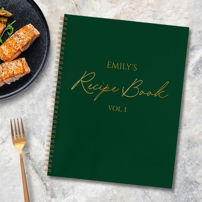 Elegant Modern Script Gold Green Simple Recipe Notebook (In situ)