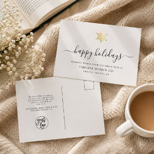 Elegant Modern Script Gold Snowflake Corporate Holiday Postcard
