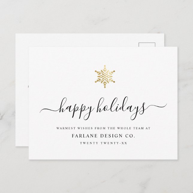 Elegant Modern Script Gold Snowflake Corporate Holiday Postcard (Front/Back)