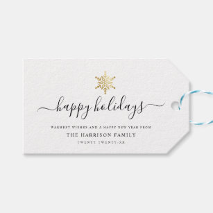 Elegant Modern Script Gold Snowflake Happy Holiday Gift Tags