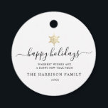 Elegant Modern Script Gold Snowflake Holiday Favour Tags<br><div class="desc">Modern minimalist family holiday gift tag with elegant script calligraphy reading HAPPY HOLIDAYS under a printed golden snowflake. Below is space for your custom message as well as additional space on the back for more detailed greetings.</div>