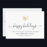 Elegant Modern Script Gold Snowflake Simple Holiday Card<br><div class="desc">Modern minimalist family holiday card with elegant script calligraphy reading HAPPY HOLIDAYS under a printed golden snowflake. Below is space for your custom message as well as additional space on the back for more detailed greetings.</div>