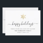 Elegant Modern Script Gold Snowflake Simple Holiday Card<br><div class="desc">Modern minimalist family holiday card with elegant script calligraphy reading HAPPY HOLIDAYS under a printed golden snowflake. Below is space for your custom message as well as additional space on the back for more detailed greetings.</div>