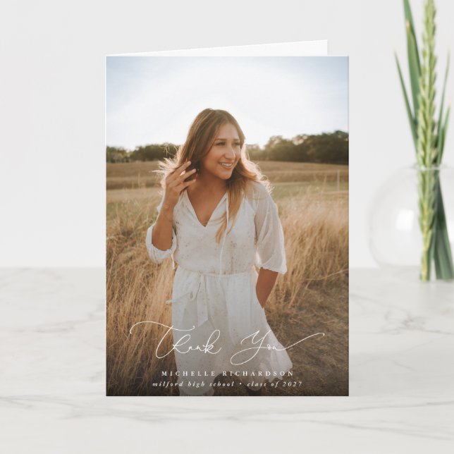 Elegant Modern Script Graduation Photo Thank You Card (Front)