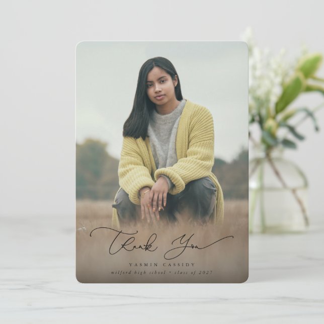 Elegant Modern Script Graduation Photo Thank You Card (Standing Front)