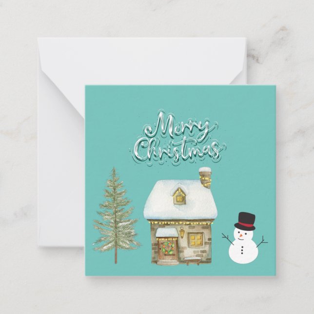 Elegant modern script graphic winter snowman blue  card (Front)