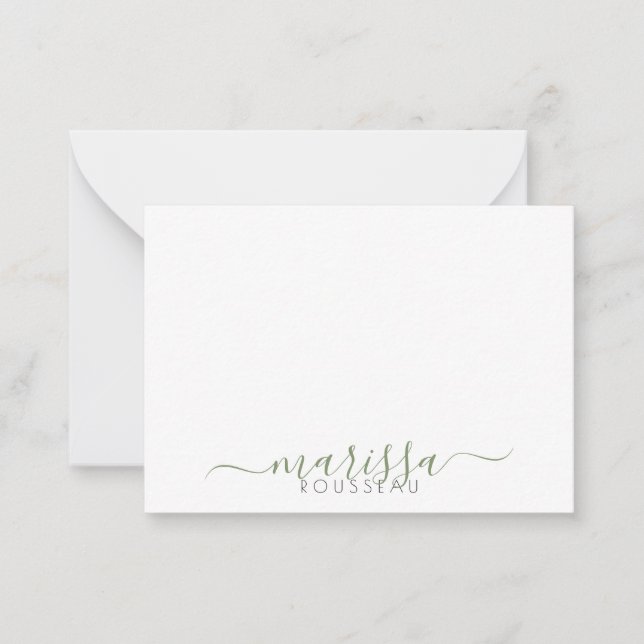 Elegant Modern Script Green Monogram Name Card (Front)