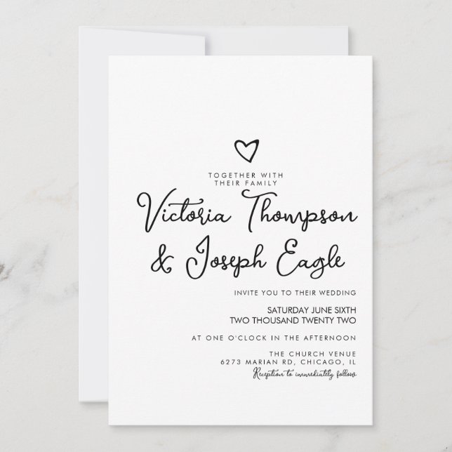 Elegant Modern Script Heart Black White Wedding   Invitation (Front)