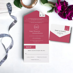 Elegant Modern Script Magenta Monogram Wedding All In One Invitation
