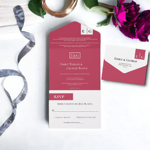 Elegant Modern Script Magenta Monogram Wedding All In One Invitation