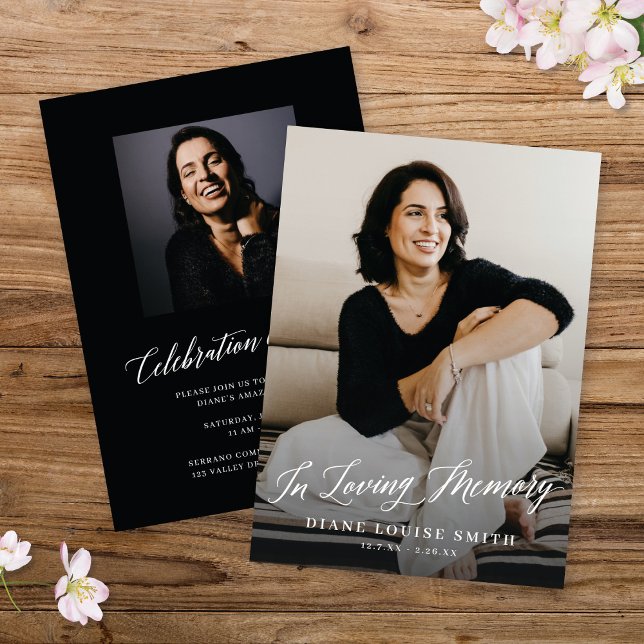 Elegant Modern Script Memorial Photo Card + Invite (Creator Uploaded)