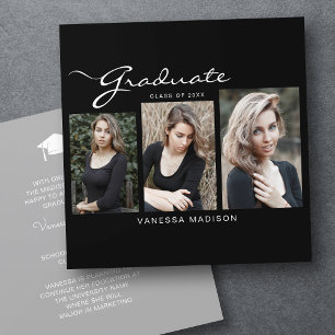 Elegant Modern Script Minimal   3 Photo Graduation Announcement