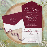 Elegant Modern Script Minimalist Burgundy Wedding All In One Invitation<br><div class="desc">All in one wedding invitation featuring elegant signature script name and monogram initials on a burgundy background. The invitation includes a perforated RSVP card that’s can be individually addressed or left blank for you to handwrite your guest's address details. Designed by Thisisnotme©</div>