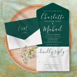 Elegant Modern Script Minimalist Emerald Wedding All In One Invitation<br><div class="desc">All in one wedding invitation featuring elegant signature script name and monogram initials on an emerald green background. The invitation includes a perforated RSVP card that’s can be individually addressed or left blank for you to handwrite your guest's address details. Designed by Thisisnotme©</div>