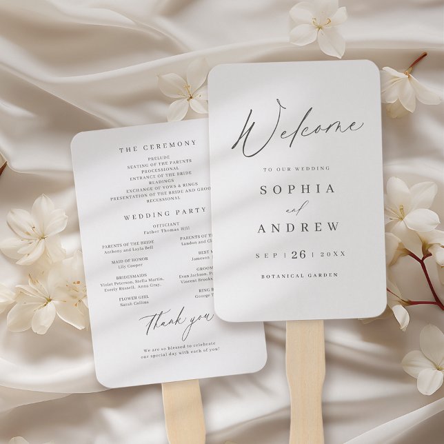 Elegant modern script minimalist wedding program hand fan (Creator Uploaded)