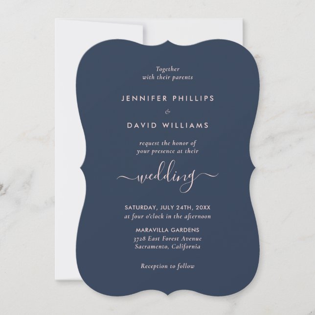 Elegant Modern Script Navy Blue and Blush Wedding Invitation (Front)