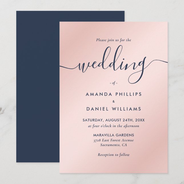 Elegant Modern Script Navy Blue and Blush Wedding Invitation (Front/Back)