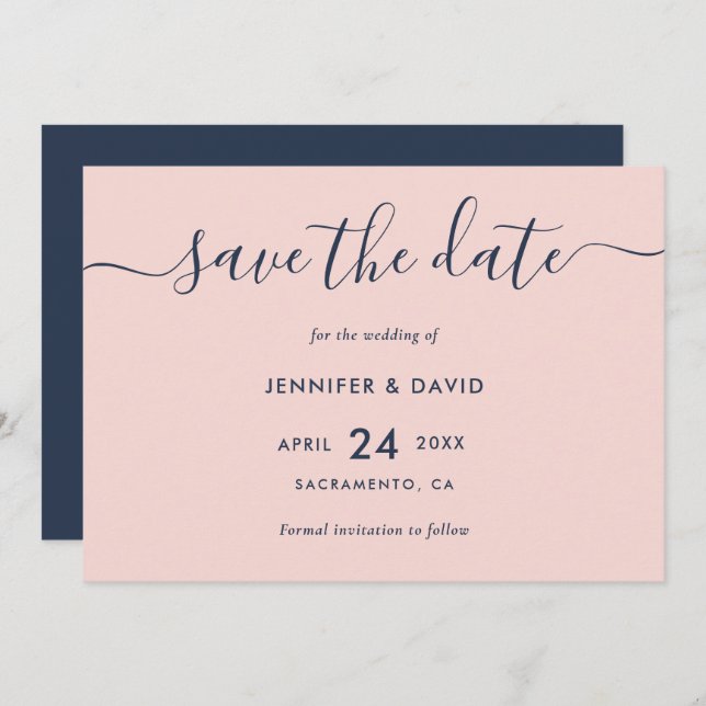 Elegant Modern Script Navy Blue and Blush Wedding Save The Date (Front/Back)