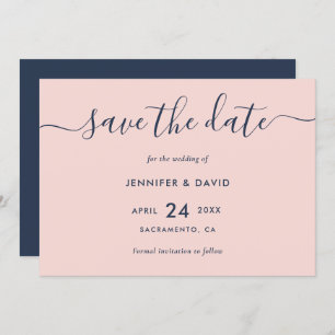 Elegant Modern Script Navy Blue and Blush Wedding Save The Date