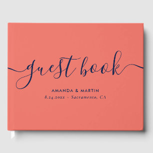Elegant Modern Script Navy Blue and Coral Wedding Guest Book