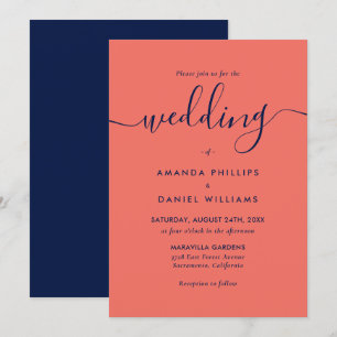 Elegant Modern Script Navy Blue and Coral Wedding Invitation