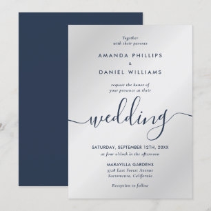 Elegant Modern Script Navy Blue and Silver Wedding Invitation