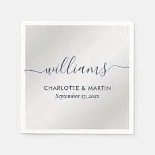 Elegant Modern Script Navy Blue and Silver Wedding Napkin