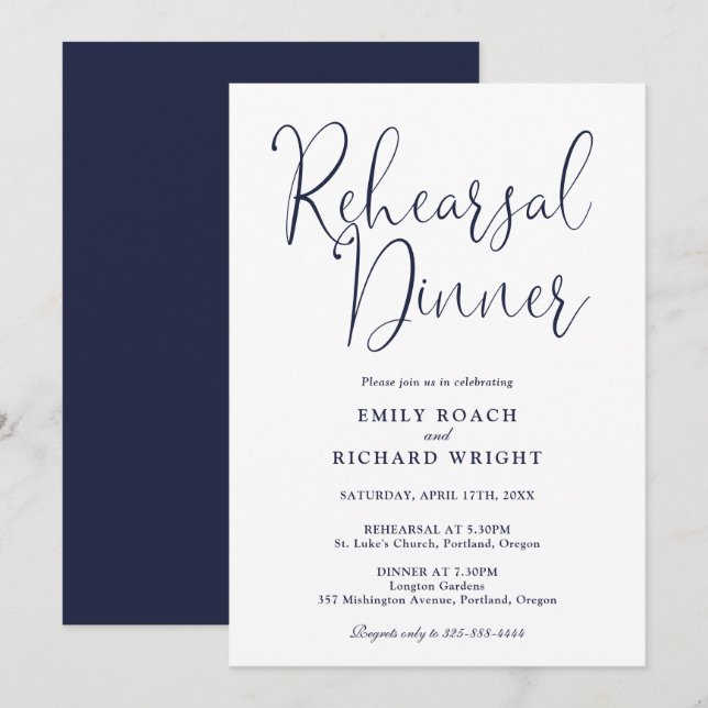 Elegant Modern Script Navy Blue Rehearsal Dinner Invitation (Front/Back)