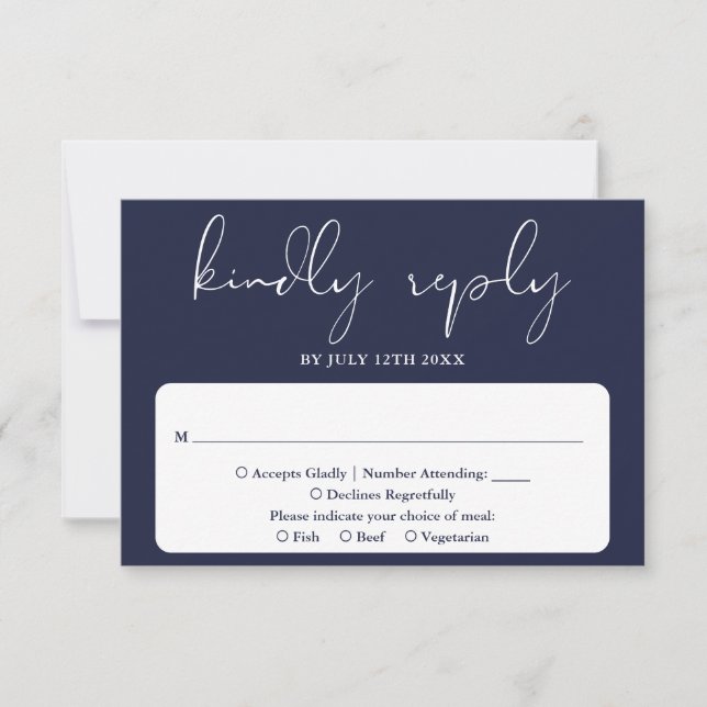 Elegant Modern Script Navy Blue Wedding RSVP Card (Front)
