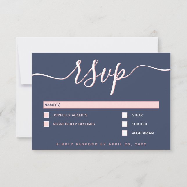Elegant & Modern Script Navy & Blush Wedding RSVP Card (Front)