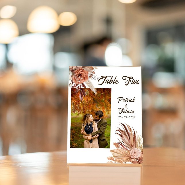 Elegant Modern Script Photo Wedding Table Number (Creator Uploaded)