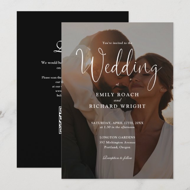 Elegant Modern Script QR Code Photo Wedding Invitation (Front/Back)