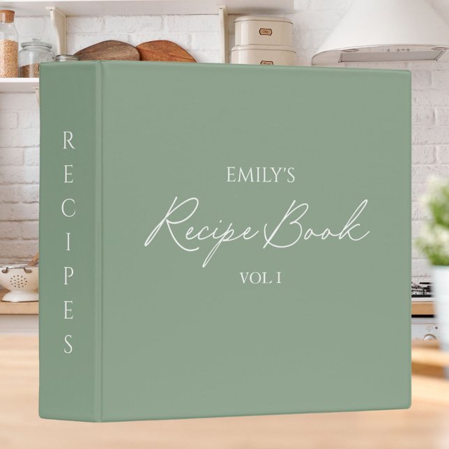 Elegant Modern Script Sage Green Simple Recipe Binder (In situ)