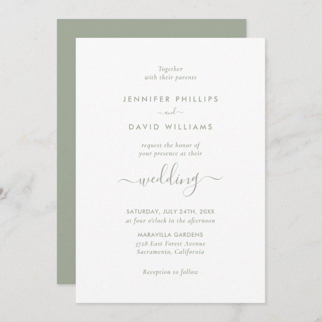 Elegant Modern Script Sage Green Wedding Invitation (Front/Back)