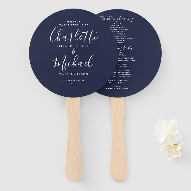Elegant Modern Script Sage Green Wedding Program H Hand Fan (Front and Back)