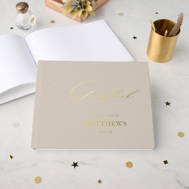 Elegant Modern Script Taupe Gold Guest Book (Front Open)
