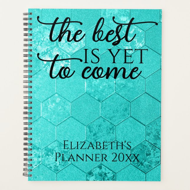 Elegant Modern Script Teal Tile Texture Quote Planner (Front)