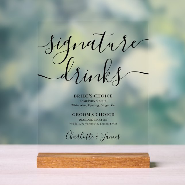 Elegant Modern Script Wedding Signature Drinks Acrylic Sign (Neutral)
