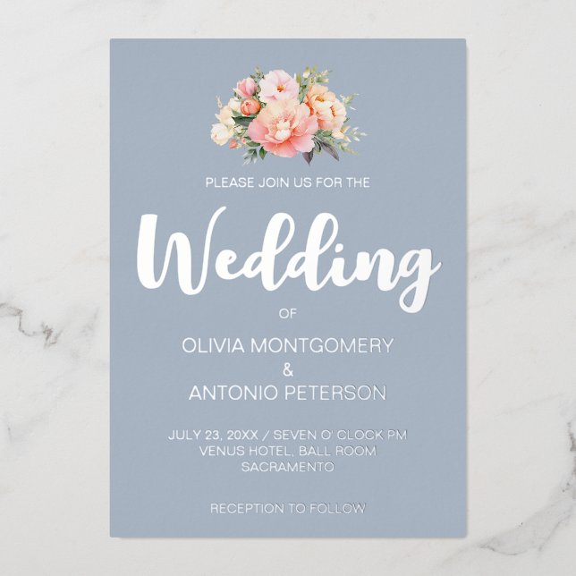 Elegant Modern Silve Pink Peony Dusty Blue Wedding (Front)