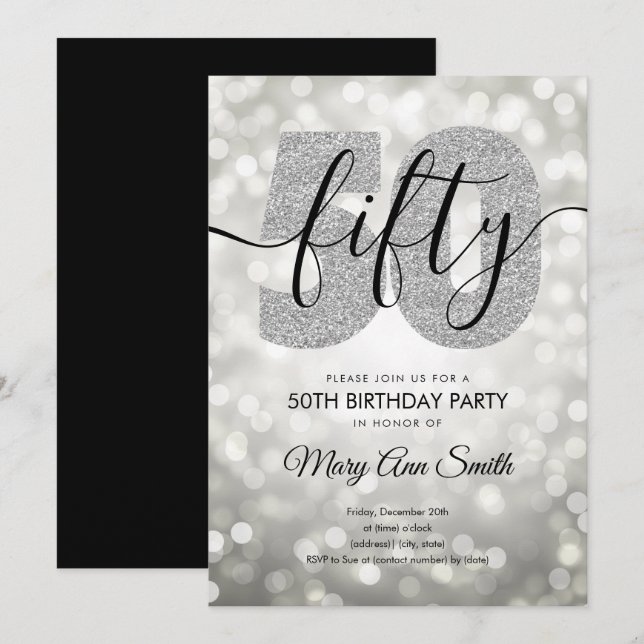 Elegant Modern Silver 50th Birthday Party Invitation (Front/Back)