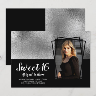 Elegant modern silver black sweet sixteen birthday invitation