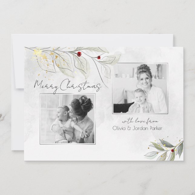 Elegant Modern Silver Christmas Floral 2-Photo Holiday Card (Front)